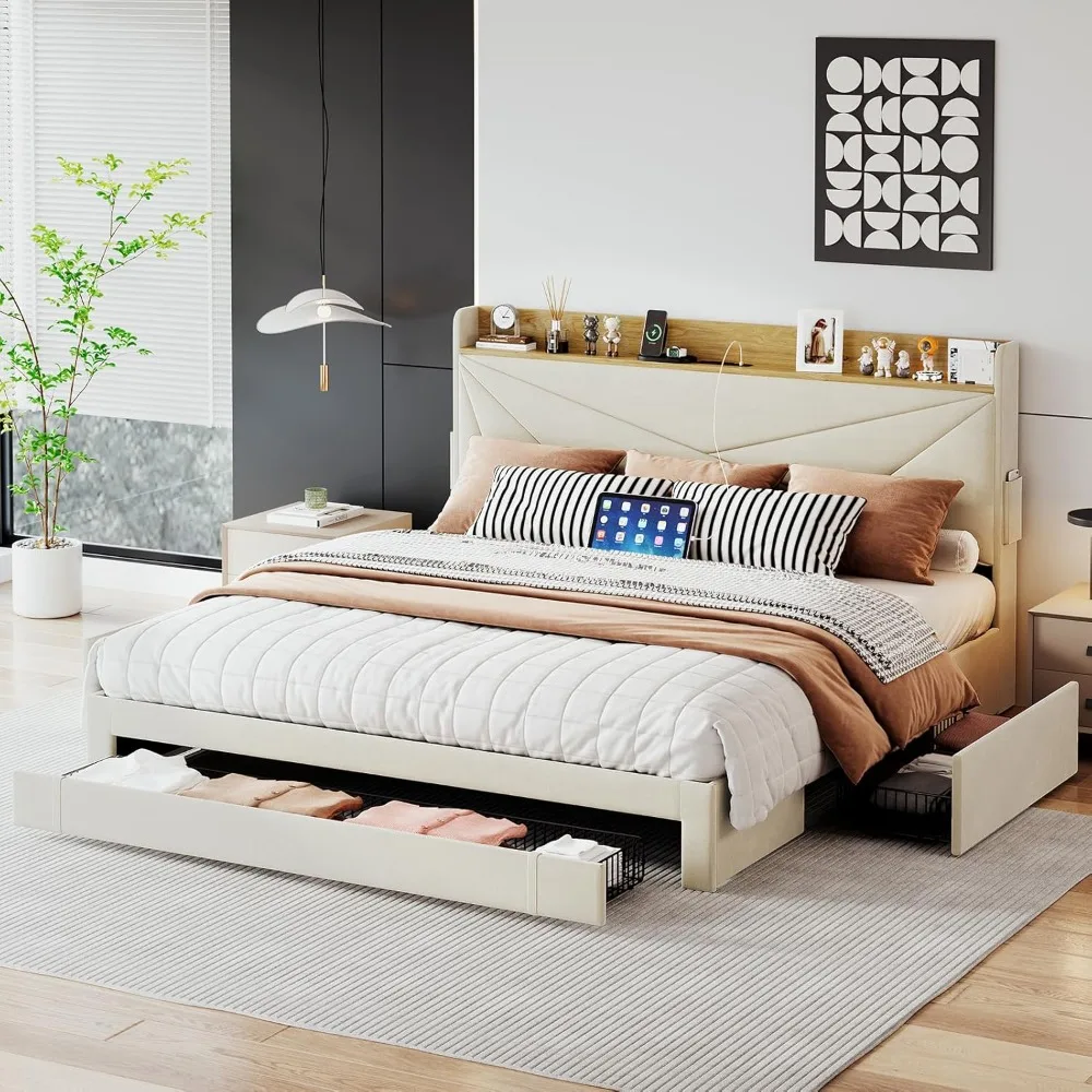 Bed Frame King Size with 3 Drawers, Upholstered King Size Bed Frame with Storage Headboard, AC USB & Type C Charge Station