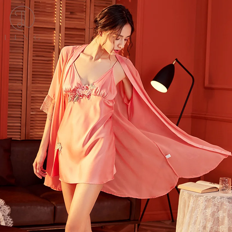 

Ling Robe Gowns Sets Sexy Lace Silk Satin Women's Sleepwear Simulation Slk Nightdress Casual Pajama Robe Sleep Night Gowns