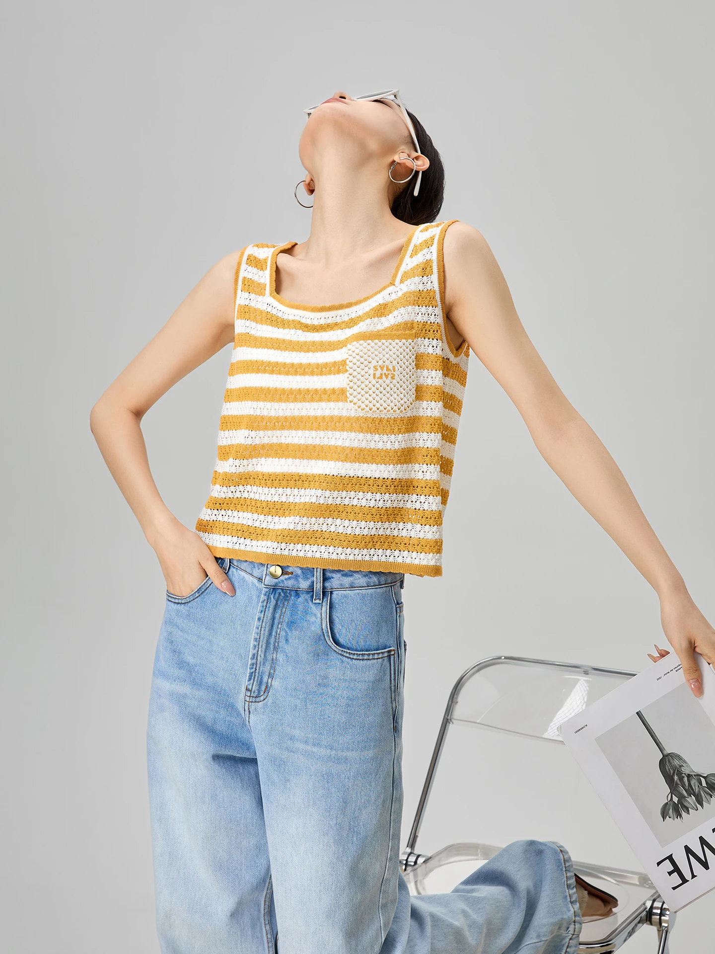 

Yellow Striped Knitted Strap Vest Women's Summer Outdoor Wear Svel Top Sli Design Commute Sle Slim Fit Polyester