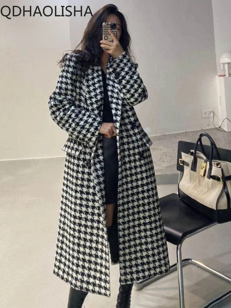 2023 Winter New In Women\'s Wool Jacket Houndstooth Elegant Korean Fashion Overcoat Office Ladies Thick Warm Long Coats for Women