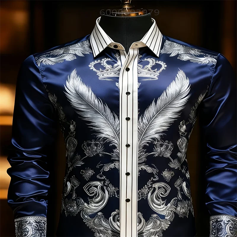 

New men's feather pattern 3D printed shirt, high-quality casual long-sleeved shirt with lapel for spring and autumn.