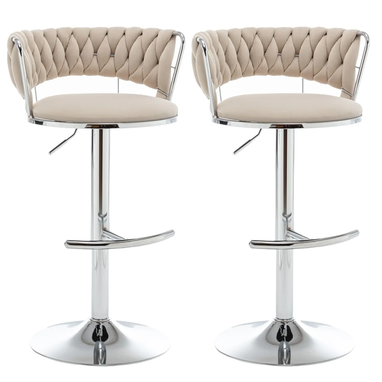 Gold Bar Stools Set of 2, Counter Stools for Kitchen Island (Beige) | Adjustable Height Barstools with Woven Backs