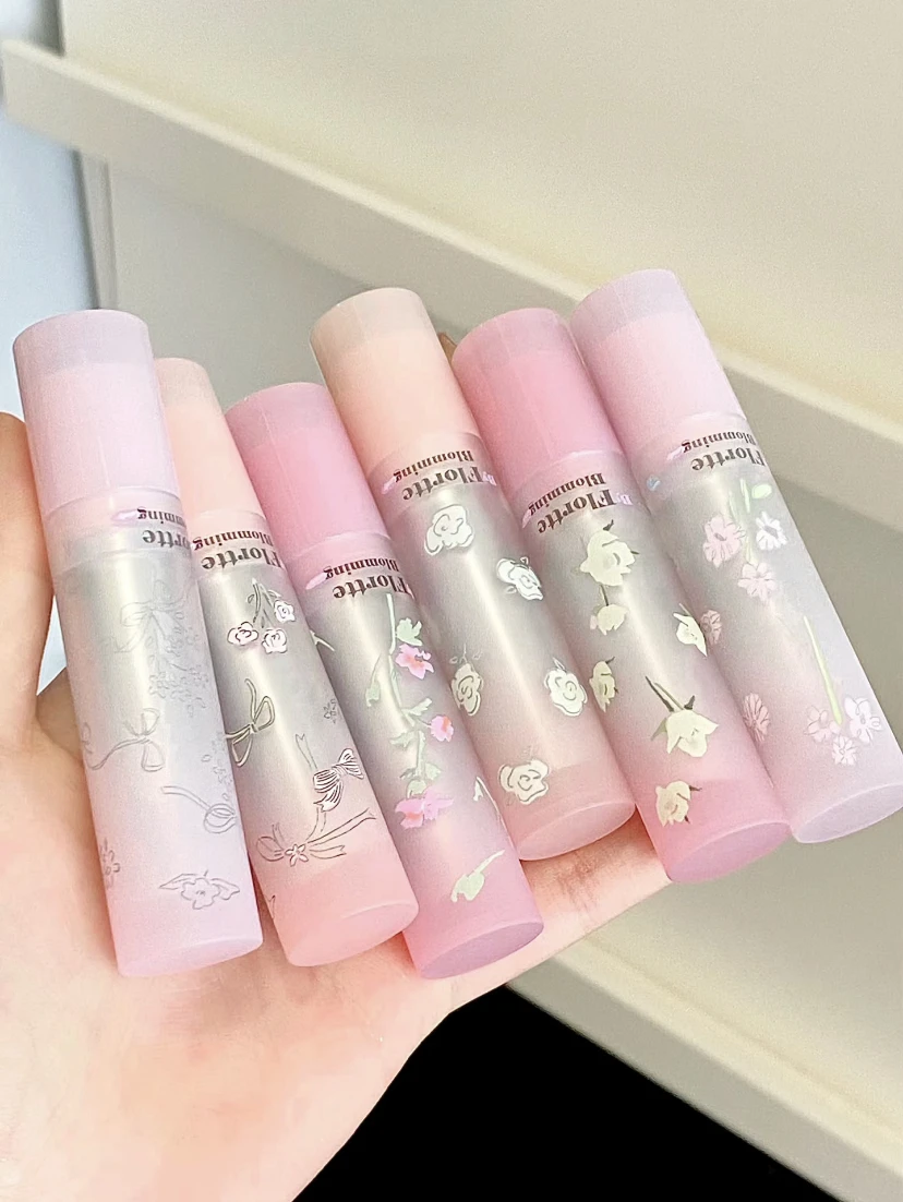 FLORTTE Lipstick Blooming Lovely Series Mirror Water Lip Glaze  Not Easy to Stick Cup Solid Lip Balm Cute Girls Makeup