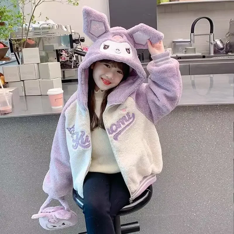 

Утепленное пальто Sanrio Kuromi, зимняя одежда, новинка 2024, модная детская одежда, цельный флисовый топ для девочек