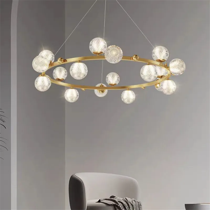 Spherical Crystal Glass Pendant Light Copper Ring Ceiling Chandelier Decorative Living Room Bedroom