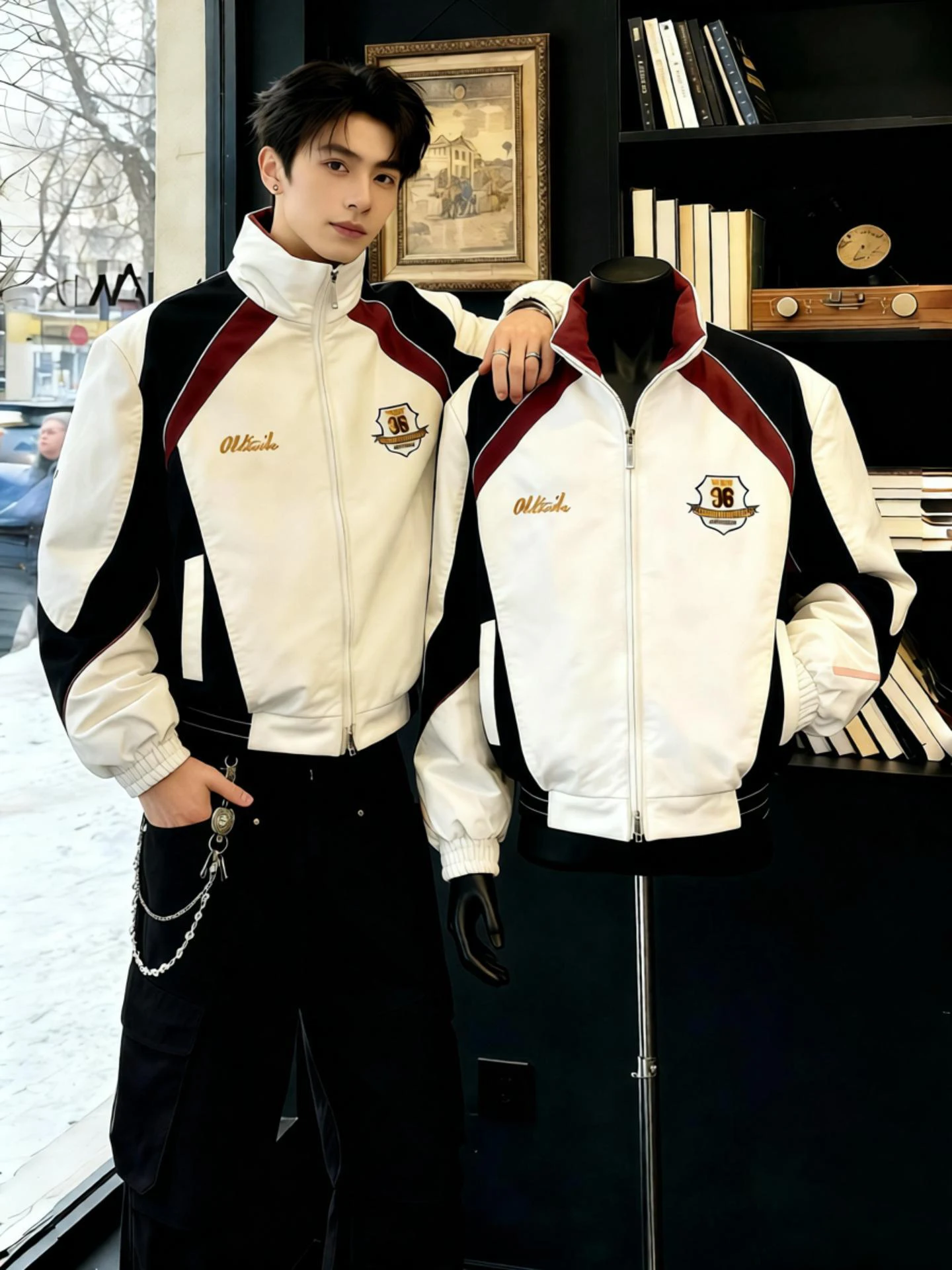 

Теплый хлопковый джет для мужчин, американский модный бренд, воротник-стойка с вышивкой, мотоциклетная верхняя одежда, молодежная мода