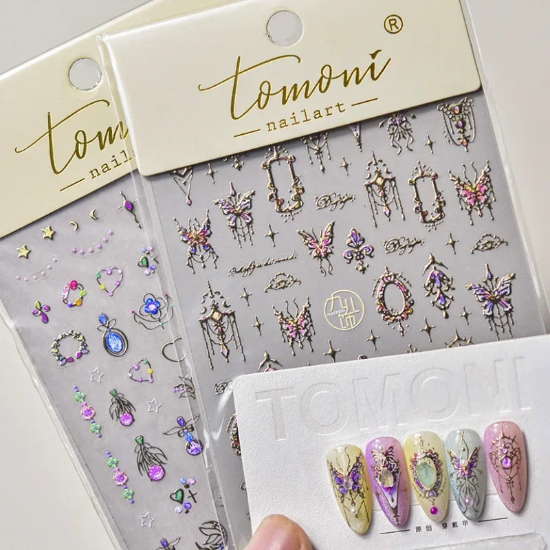 Estampado dorado, diseño de gema Retro, flores de mariposa, pegatinas autoadhesivas 5D para decoración de uñas, calcomanías de manicura con diamantes de imitación brillantes, venta al por mayor