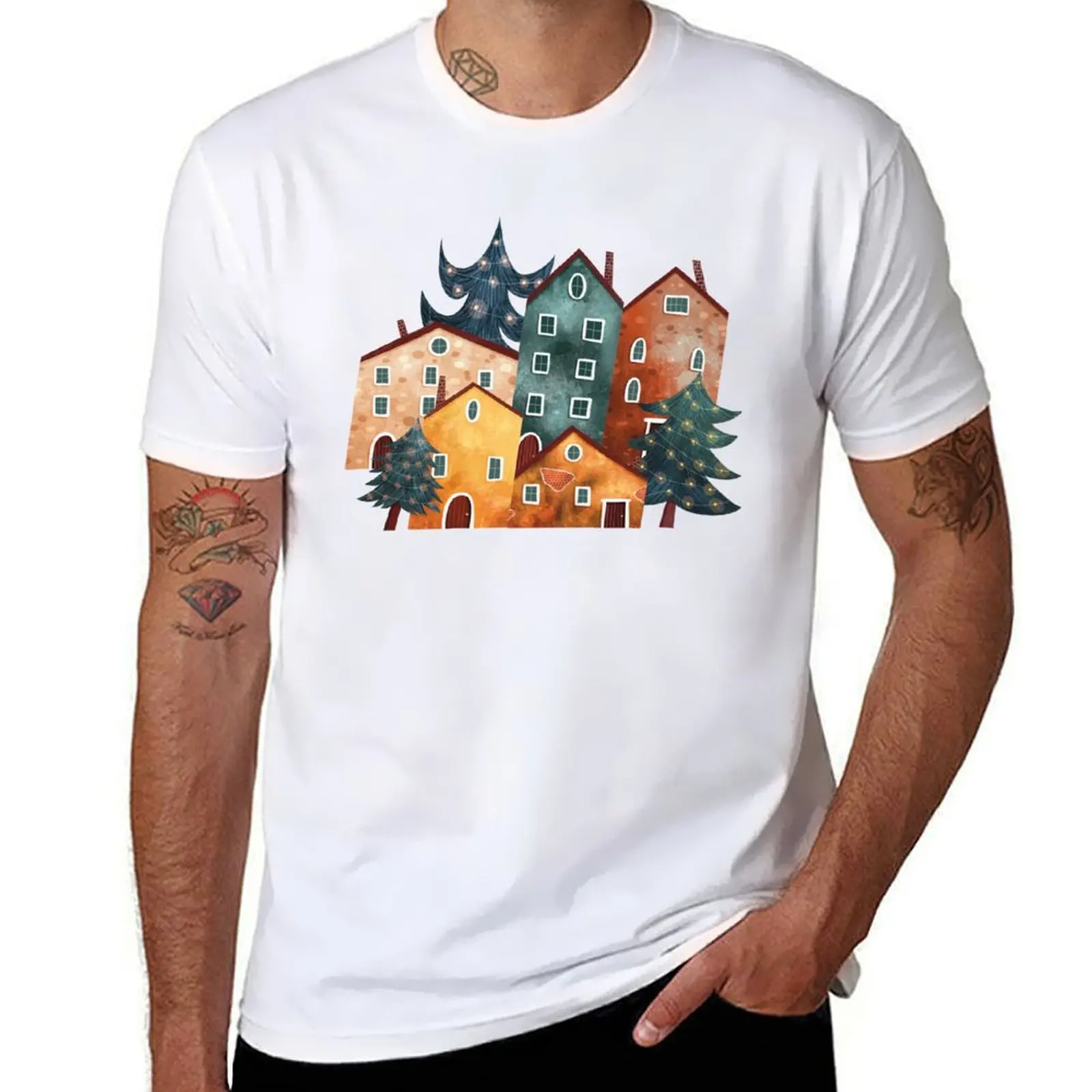 

Christmas Village Spot Illustration T-Shirt man tshirt t shirts for man slim fit t shirts for man cotton funny T-shirt