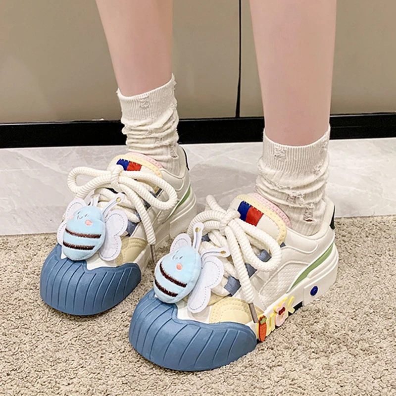 Girlish Style Women Board Shoes Candy Color 2023Autumn New Sports Shoes Cartoon Cute Ugly Sneakers Lace Up Zapatillas De Deporte