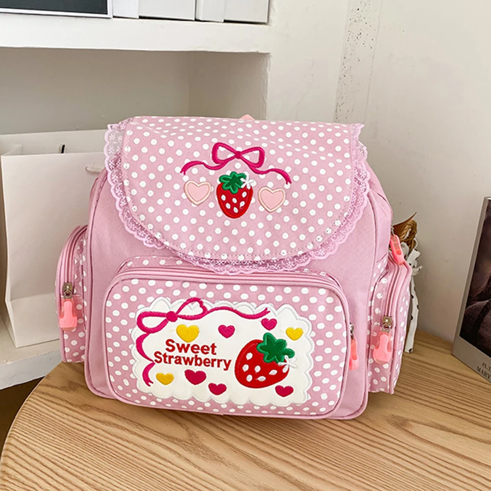 

Kawaii детская школьная сумка, милый дорожный рюкзак с клубничной вышивкой в горошек, нейлоновый модный студенческий рюкзак с несколькими карманами для девочек-подростков