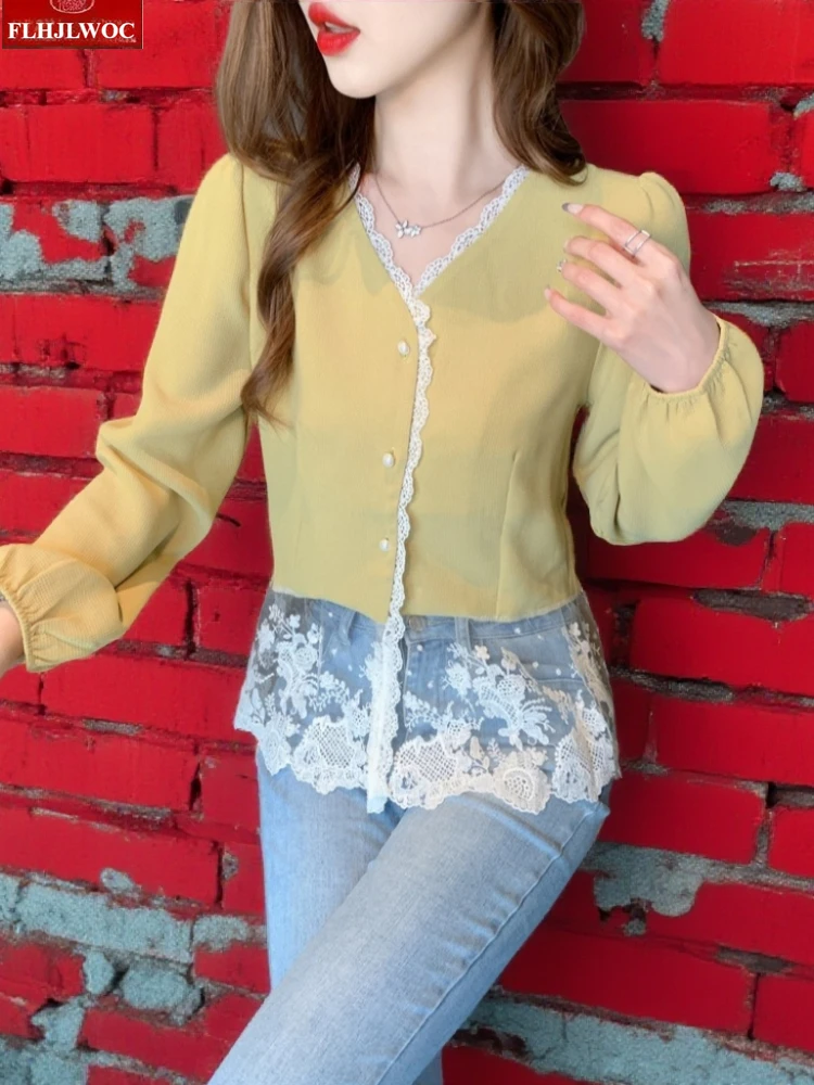 

Chic Korea Patchwork White Lace Tops Cute Sweet Girls Woman Japanese Style V Neck Ruffles Crochet Lace Shirts Peplum Top