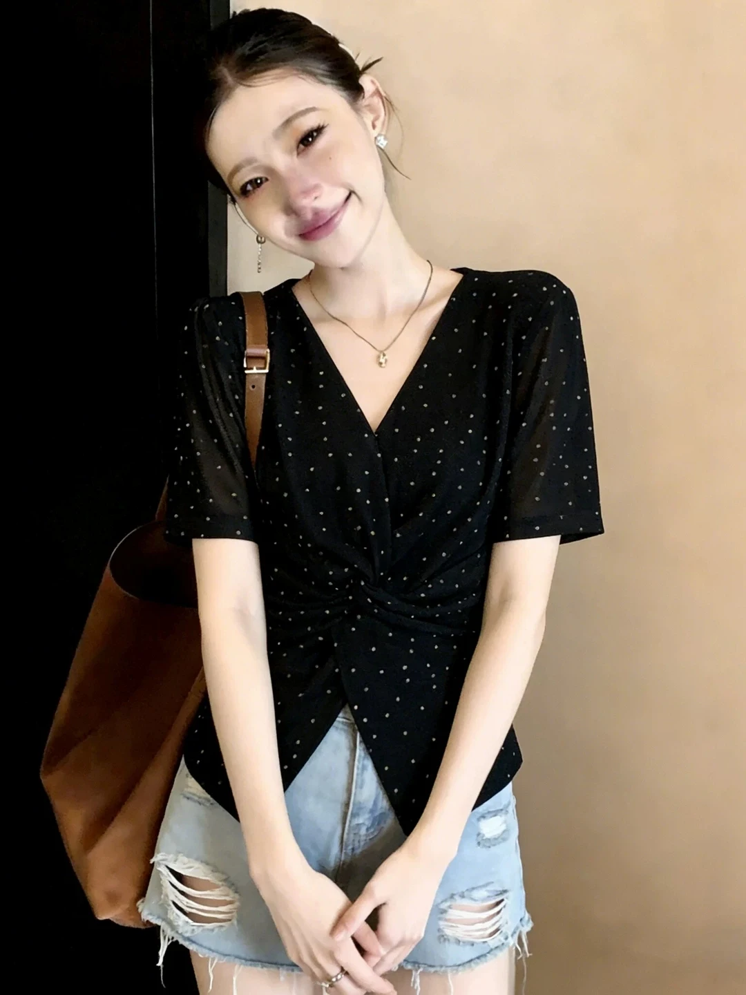 

Chic Polka Dot V Neck Short Sleeve T Shirt Women's Summer New Large Size Slimming Knot Top Asymmetrical Commute Style Korean ...