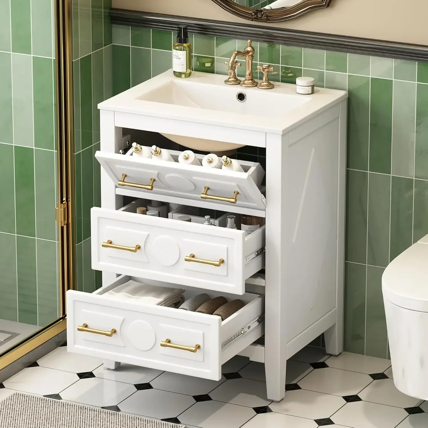 24 Inch Bathroom Vanity with Ceramic Sink, Single Sink Bathroom Storage Cabinet with Tip-Out Drawer & 2 Full-Extension Drawers,