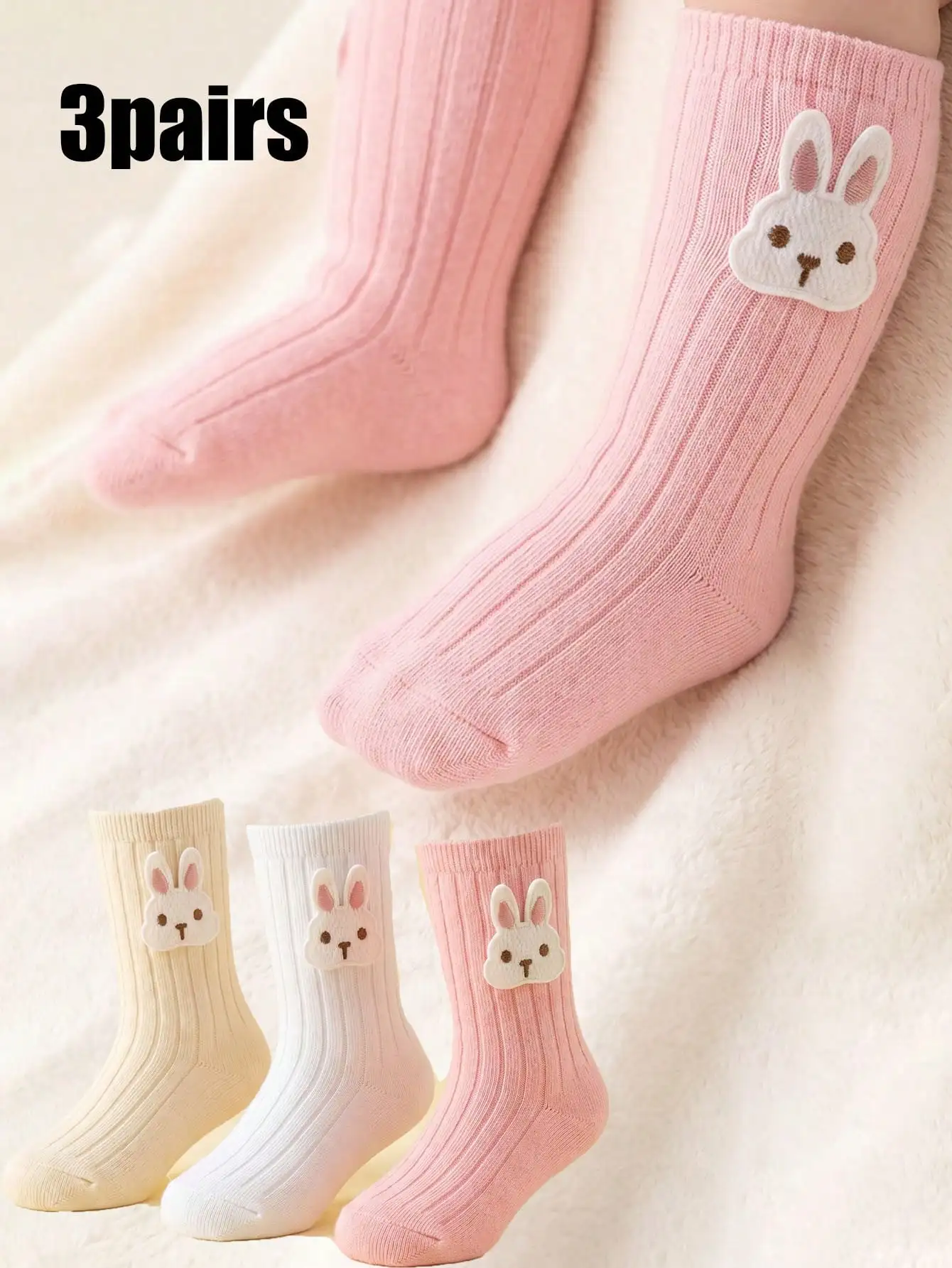 3Pairs 3‑24M Kids Embroidered Rabbit Mid Calf Crew Socks Set, Unisex Boys Girls Multi‑Color Cotton Socks for All‑Season