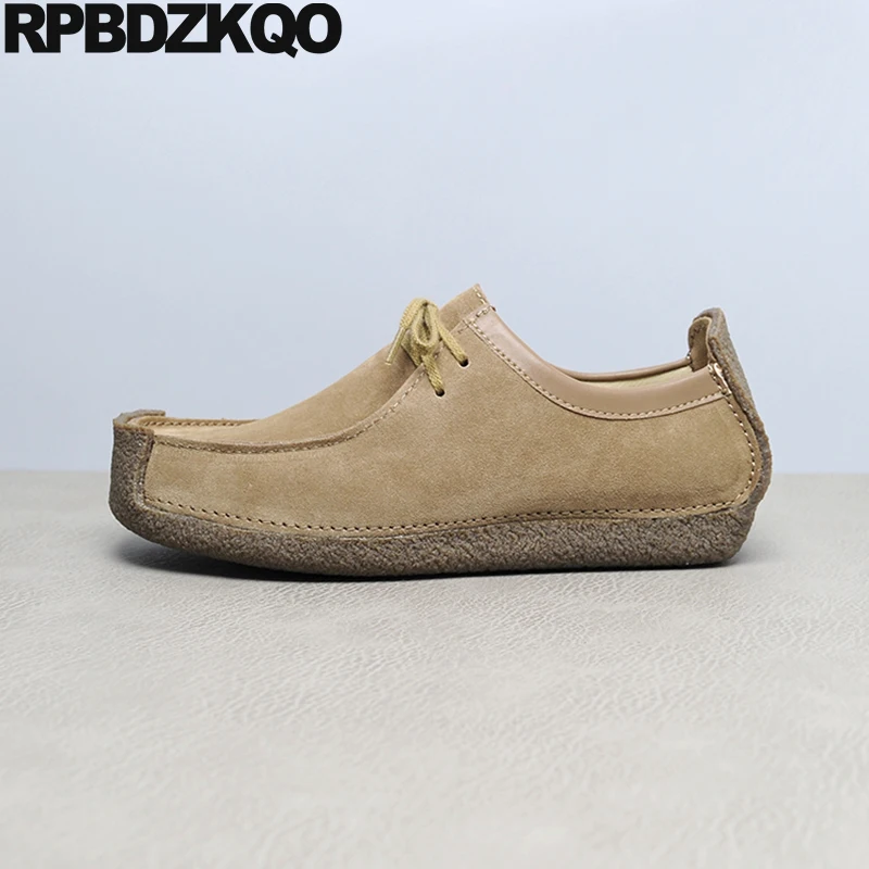 Brown Round Toe Rubber Sole Autumn Nubuck Driving Comfortable Plain Real Leather Solid Men Flats Soft Lace Up Wallabees Shoes