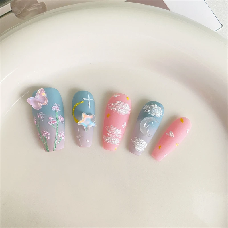 Oil Painting Handmade Fake Nail Design Reusable Press On Nails Cute Butterfly Flower Wearable Adhesive Women False Nail Tips Art
