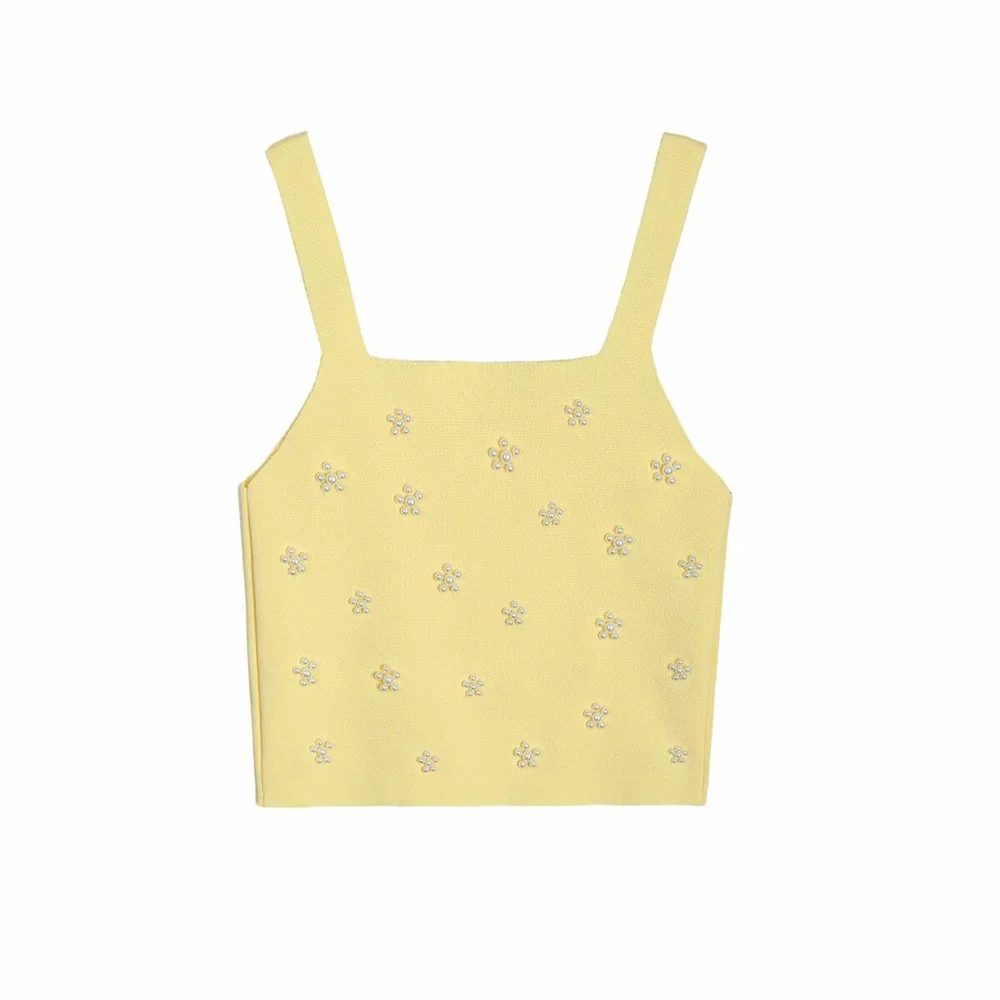 

Women's summer new sweet and versatile straight neck wide shoulder strap artificial pearl inlaid knitted top