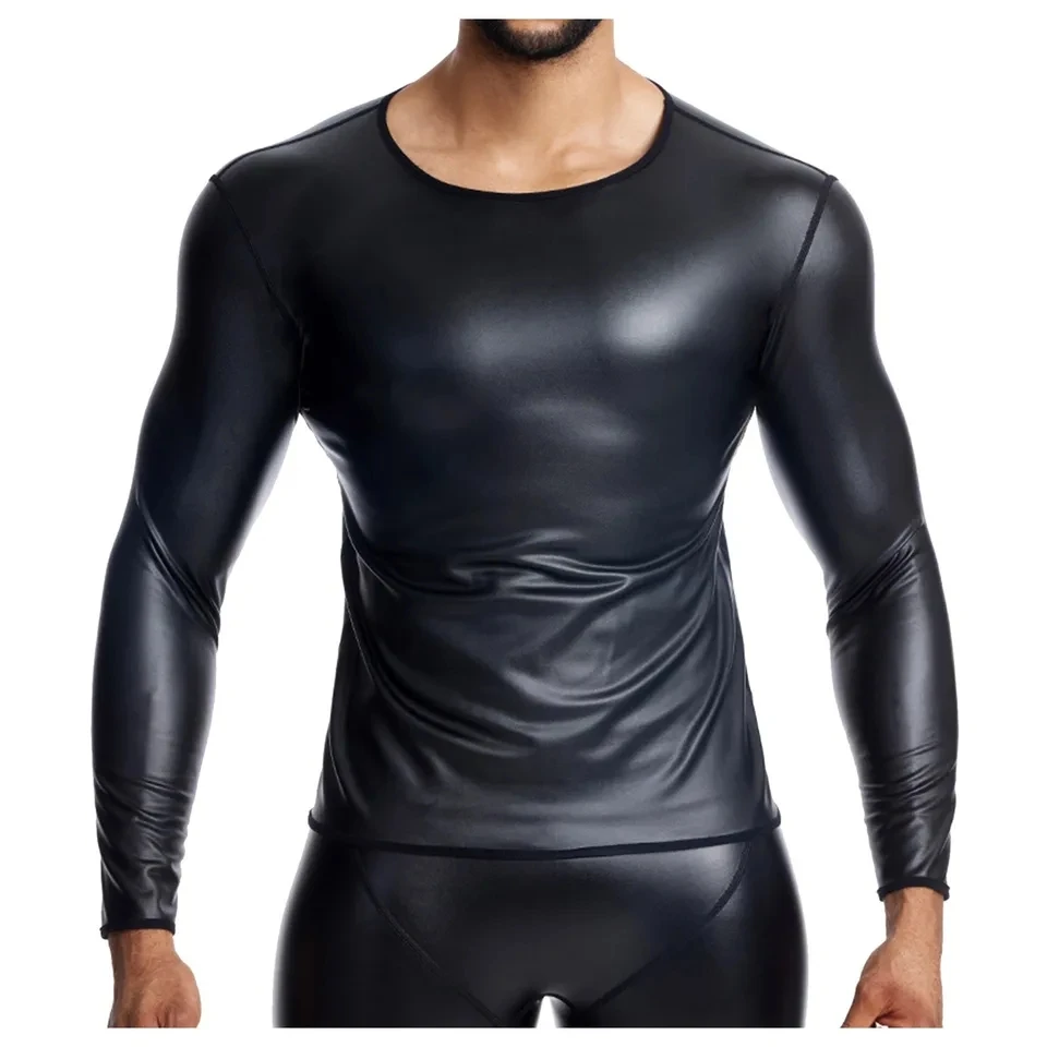 

S-6XL Men's Faux PU Leather Long Sleeve T Shirts Wet Look Undershirt Tee Tights Elastic Muscle Tops Clubwear Streetwear