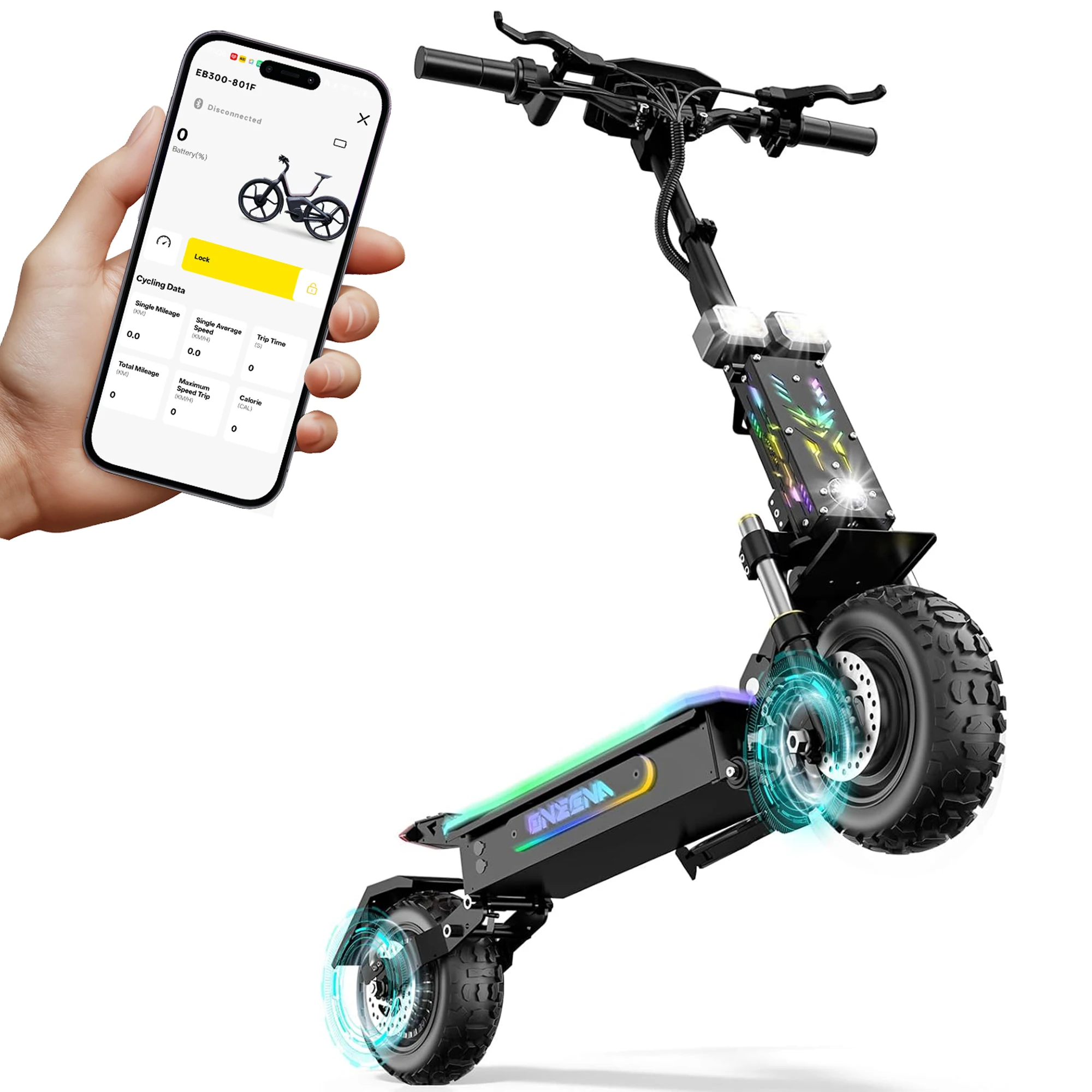 60V 5600W Dual Motor Electric Scooter - ONECNA GT7 5600W デュアルモーター折りたたみ式電動スクーター、最高速度45マイル/時、10インチオフロードタイヤ、スポーツ通勤用折りたたみ式電動スクーター、航続距離55マイル、全地形対応オフロード、APP制御とRGBライト付き