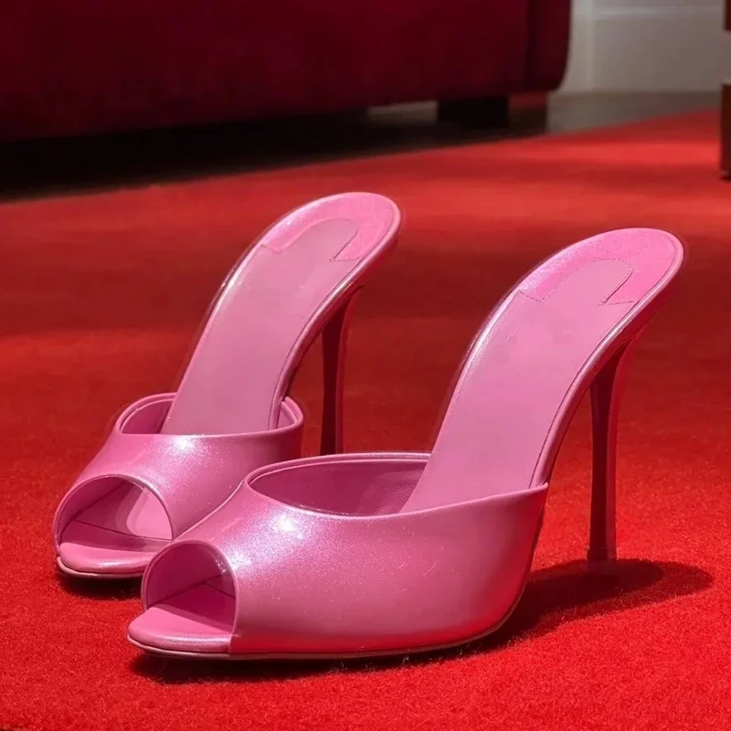 Zapatillas de playa de charol negro, zapatos vaqueros de color morado con diamantes, rosa claro, brillante, bonito talón descubierto para niñas, tacones abiertos, Stiletto Peep