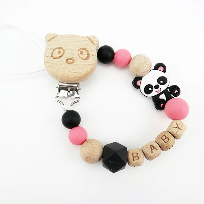 Clips de sucette personnalisés avec nom de dessin animé, chaîne factice en bois, perles en Silicone, Clip pour bébé sans BPA, collier d\'attache de