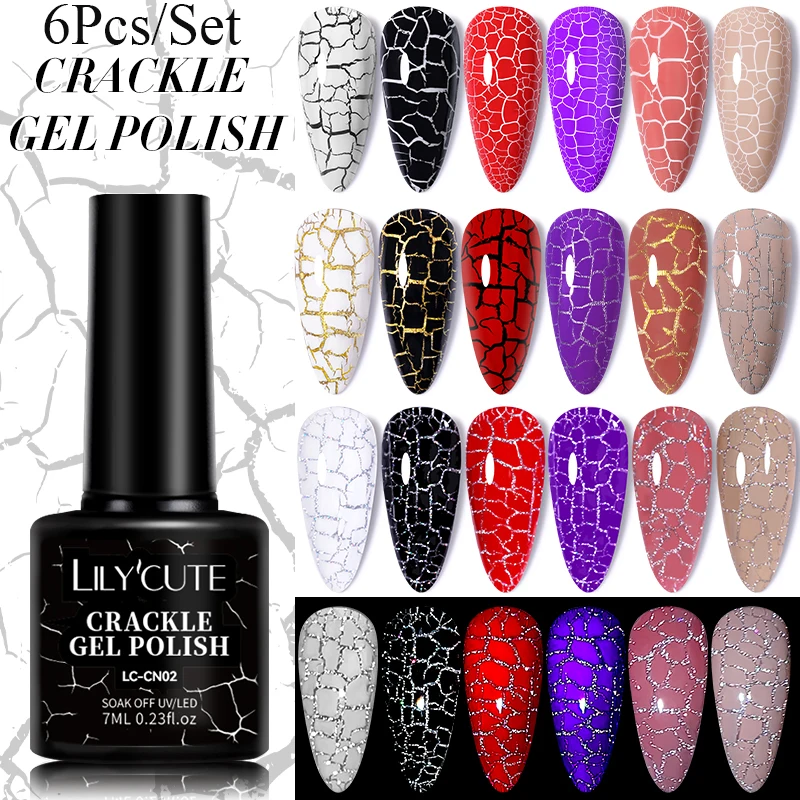 LILYCUTE 6Pcs 7ml Crackle Gel Nail Polish Cracking Gel Quick Dry Nail Art Varnish Hybrid Semi Permanent Soak Off Base Top Coat