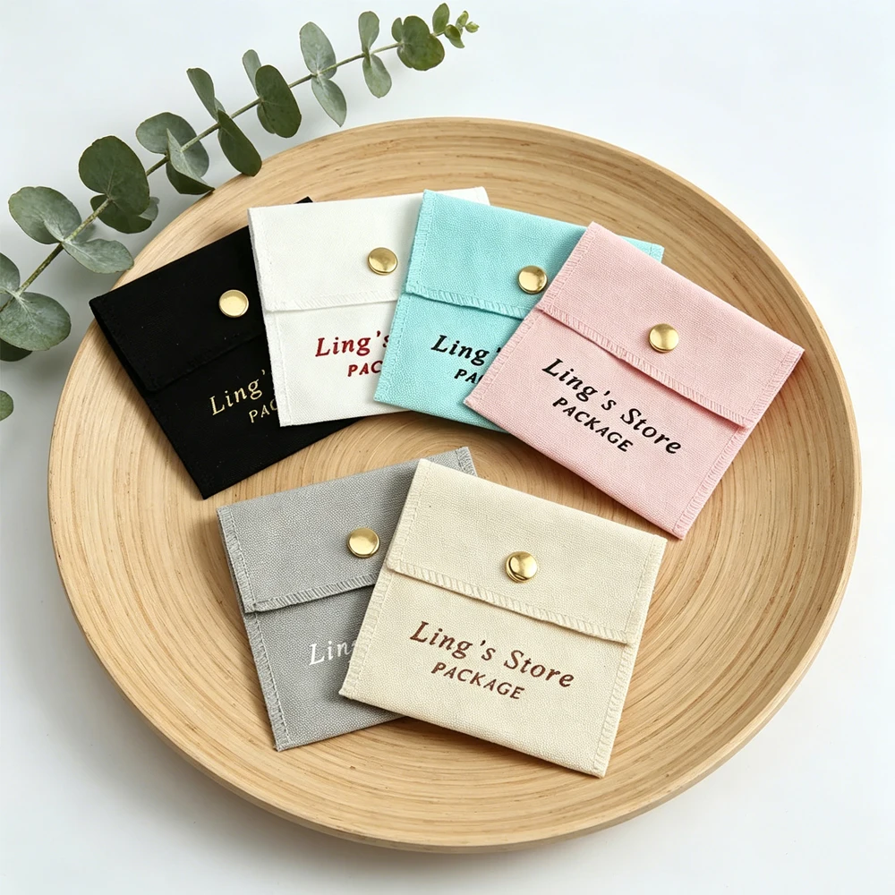 

100pcs Personalized Logo Jewelry Packaging Cotton Snap Bag 8x8cm Canvas Button Pouch Ring Earring Keychain Bracelet Pendant Sack