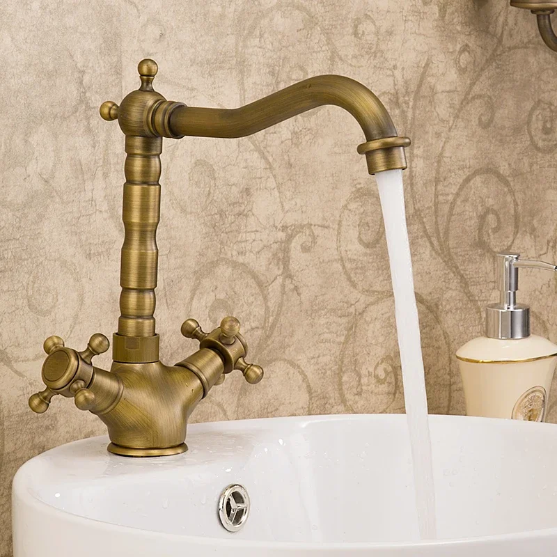 European Retro Brass Basin Faucet with Dual Handle Hot and Cold Rotatable Faucet for Bathroom Sink