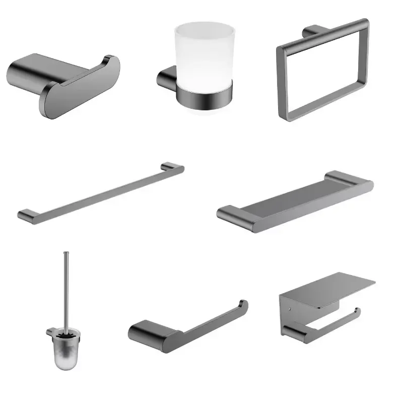 New hotel bathroom accessories 8-piece set brass modern gun color gray coat hook towel ring toilet paper rack bathroom rack