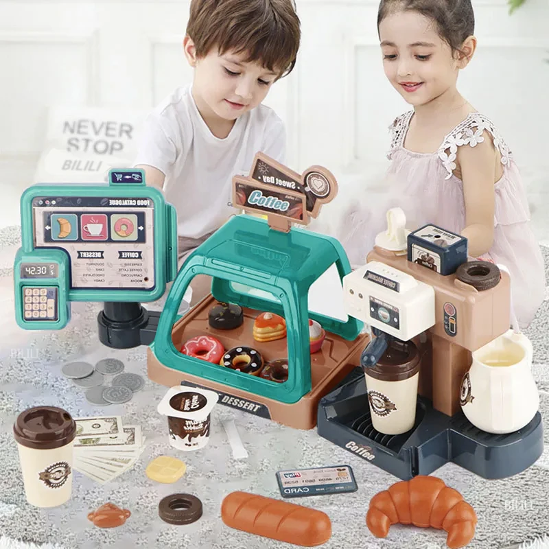 

Children's Toy Kitchen Coffee Maker Kitchen Play Set Simulation Food Bread Coffee Cake Pretend Play Shopping Cash Register Toys