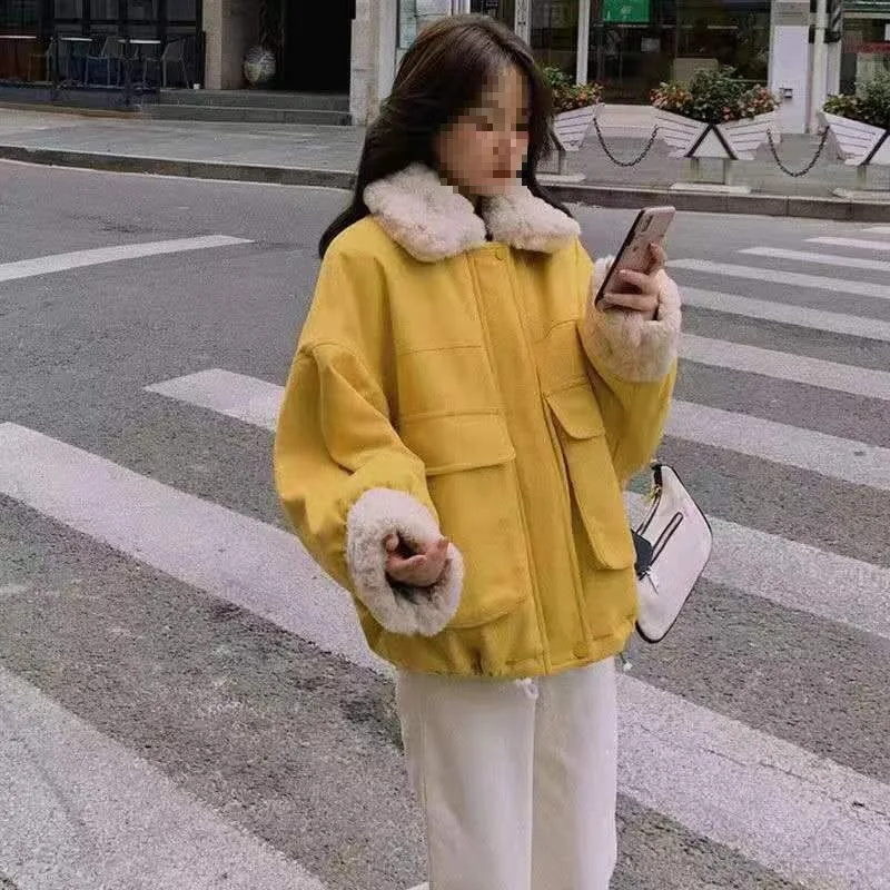 Women's Fleece Lined Short Jacket Autumn Winter Loose Fit Fashionable Lamb Velvet Cotton Clothes for Small Students