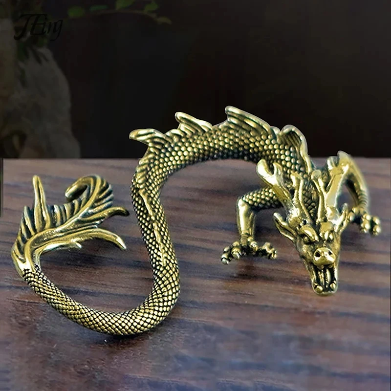 Vintage Brass Chinese Zodiac Dragon Miniature Statue Desktop Ornament Chinese Mythical Beast Figurine Retro Home Decor Craft
