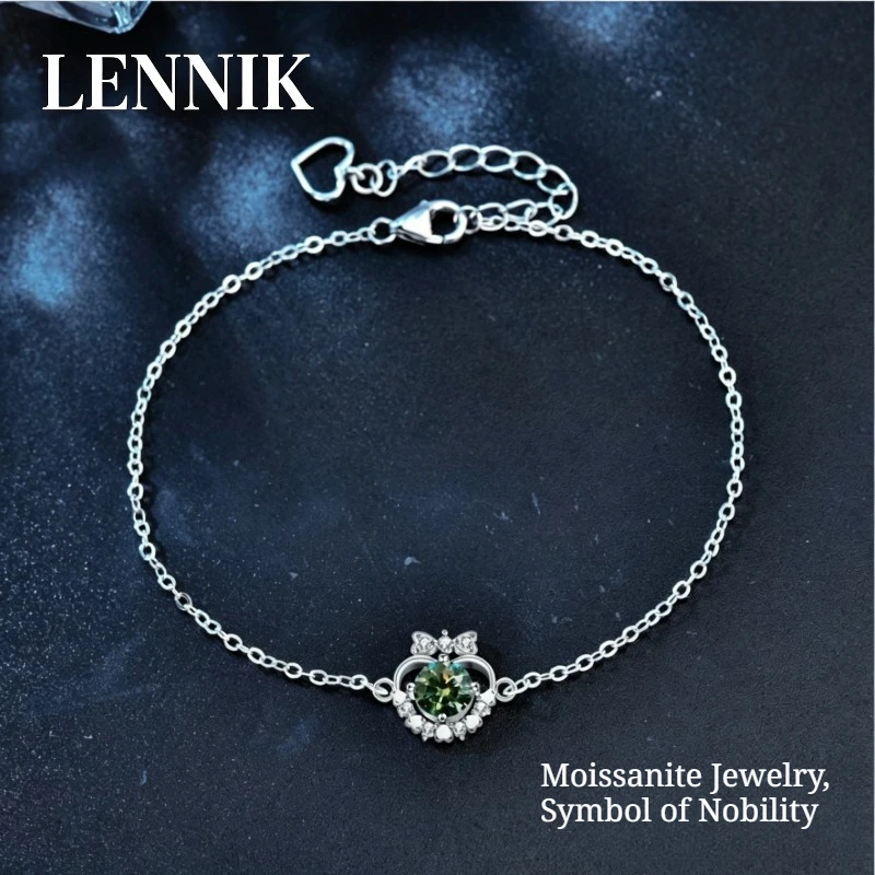 

LENNIK S925 Sterling Silver Heart 0.5CT Green Color Moissanite Bracelet Fashion Colored Gem Wrist Chain Jewelry for Women