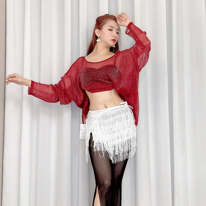 

customized belly dance costumes practice outfit top mesh loose outer cover long sleeves front and back can be worn in plus size