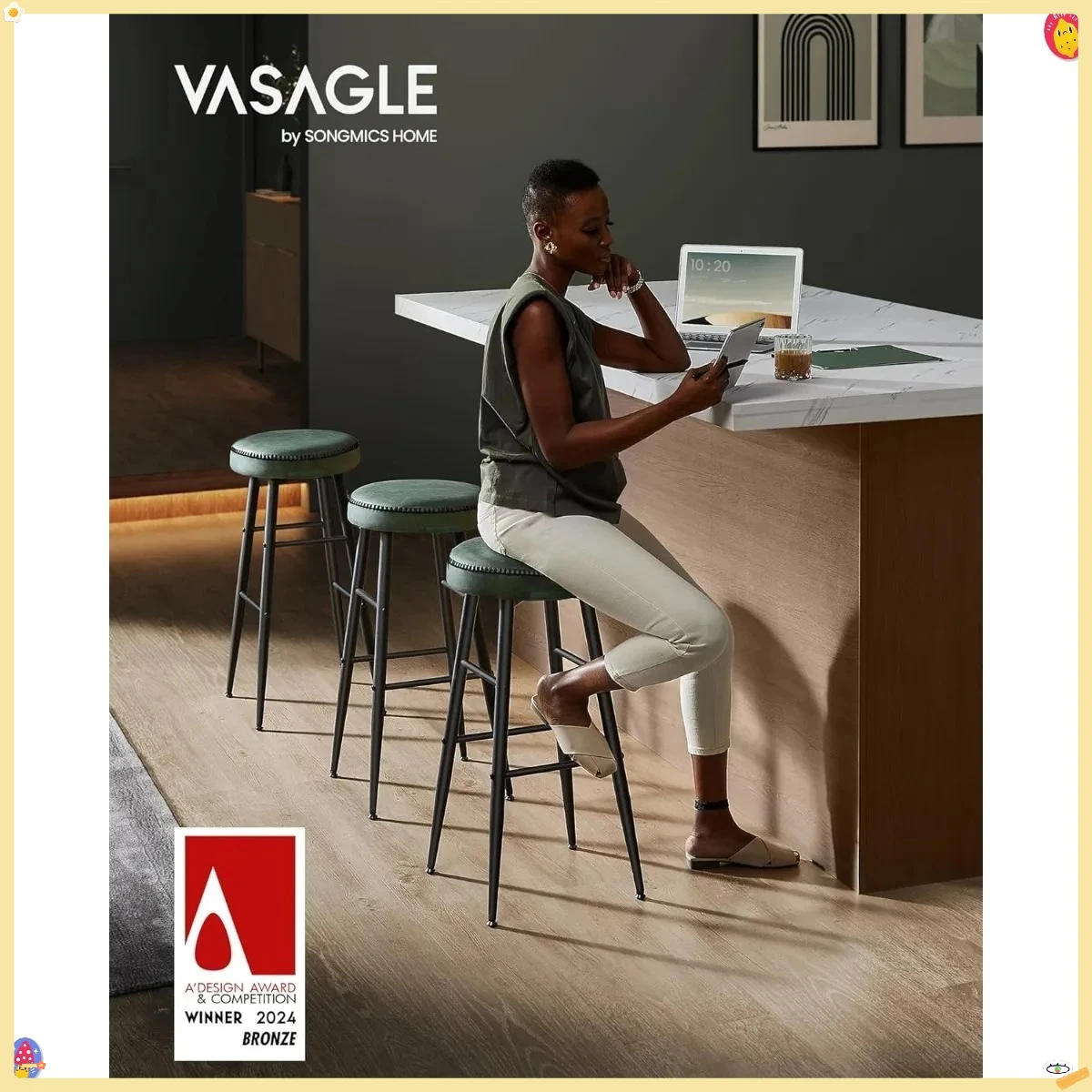 Conjunto de 2 bancos de bar, bancos de bar de altura, bancos de balcão de cozinha, bancos de balcão sem encosto modernos de meados do século