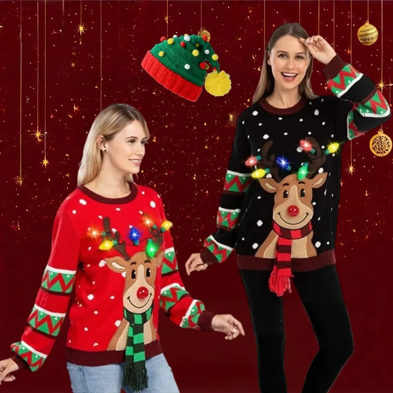

Led Light Up Christmas Ugly Sweater Cartoon Elk Knitted Sweater for Women Cosplay Xmas Holiday Party Pullover Top Outfit