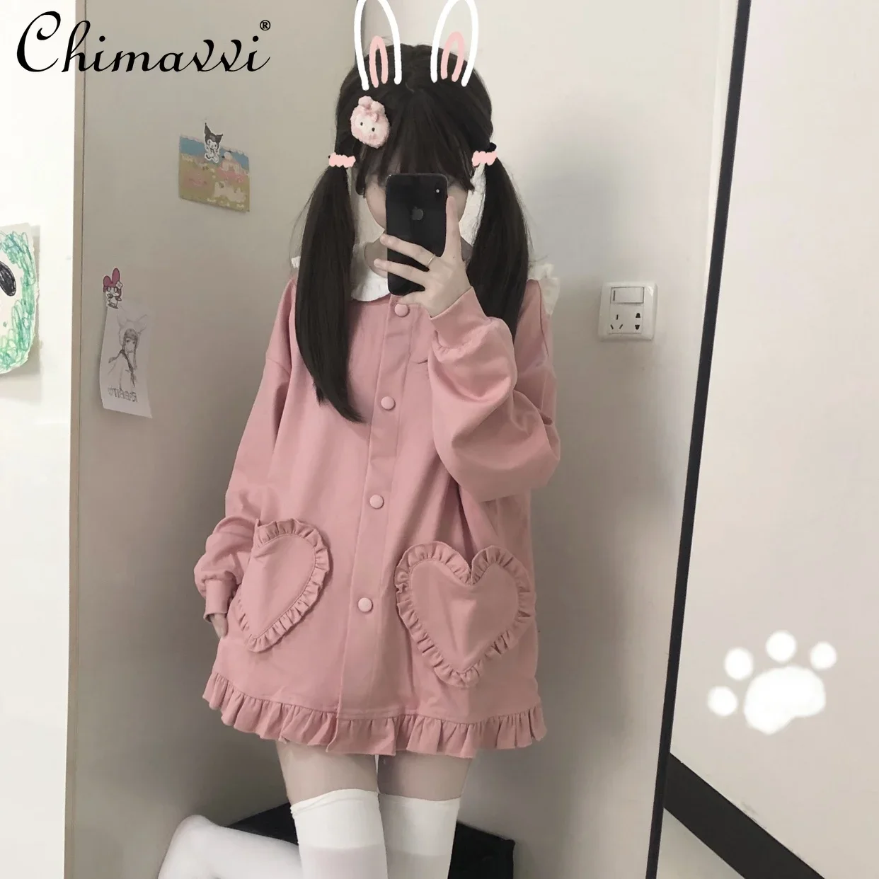 

Японський стиль Sweet Girls Rabbit Ears Sailor Collar Pink Jackets for Women 2024 Autumn New Loose Daily Coat Cute Lolita Coat