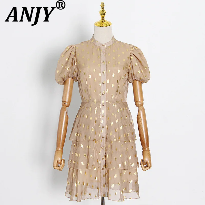 

ANJY Новое летнее женское элегантное платье с коротким рукавом, модное, с принтом в горошек, винтажное, на одной пуговице, A19568