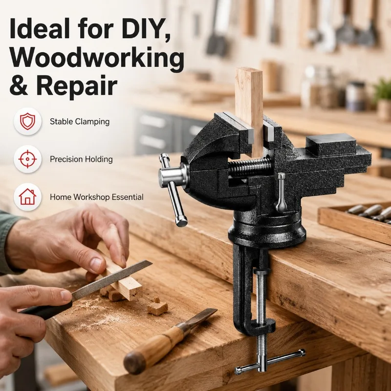 Heavy Duty Mini Bench Vise Cast Steel Table Vise 360° Swivel Clamp-On Workbench Vise for Woodworking Metalworking Repair