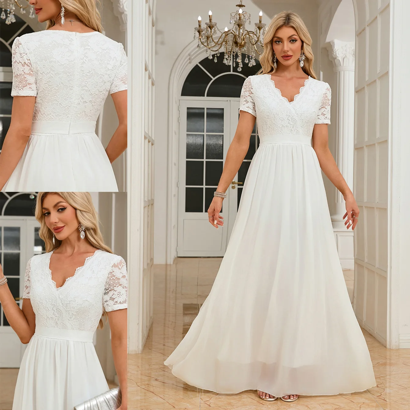 

EINY Simple Elegant Chiffon Lace Wedding Dress for Women Short Sleeve V-Neck Princess Party Bridal Gown Vestidos Evening Dress