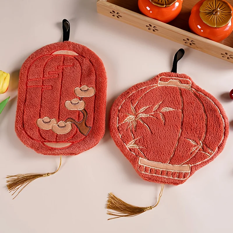 Orange lantern hand towel, soft & skin-friendly. Bamboo leaf pattern, hangable. Festive for New Year, kitchen & bath.