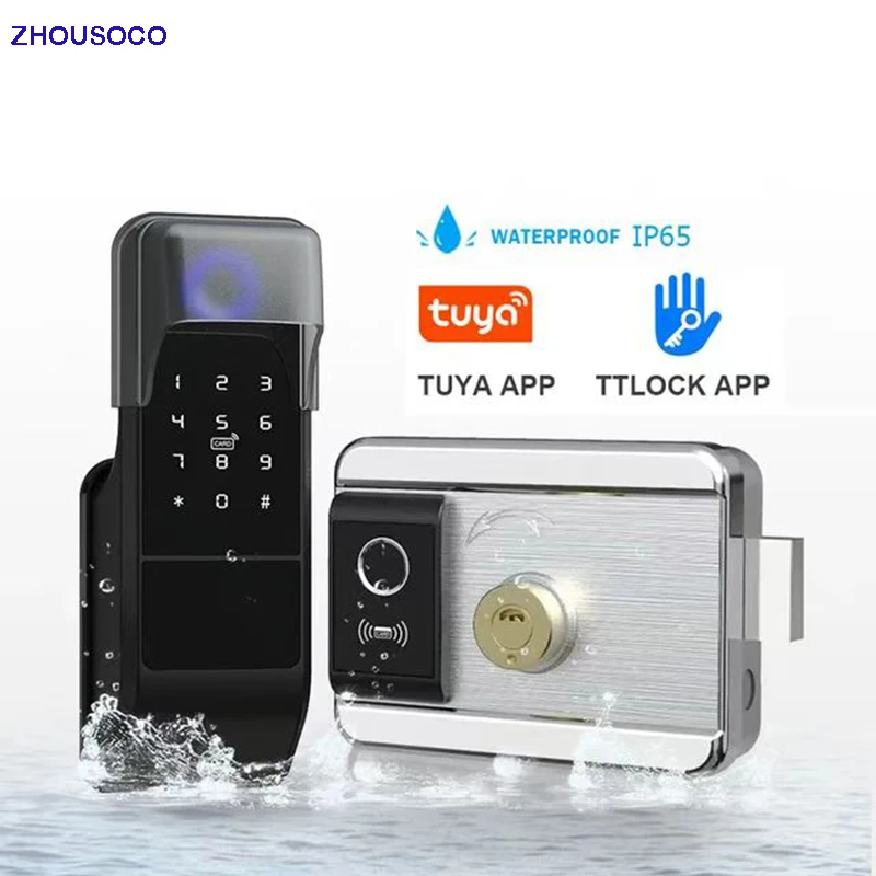 Fingerprint Gate Lock Tuya Wifi Outdoor Smart Door Lock Digital IC Card Rim Electronic Door Lock Suitable for Home Garden