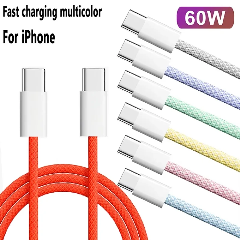 60W PD Type C Phone Fast Charging USB C to Type C Data Cable USB C Nylon Braided Quick Charger For iPhone Macbook Huawei Realme
