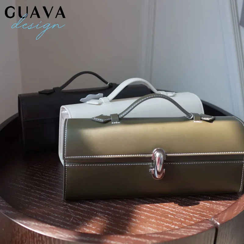 The Symmetry Genuine Leather Small Square Row Bag Rectangular Baguette Bags Tote Women's Simple Handbag