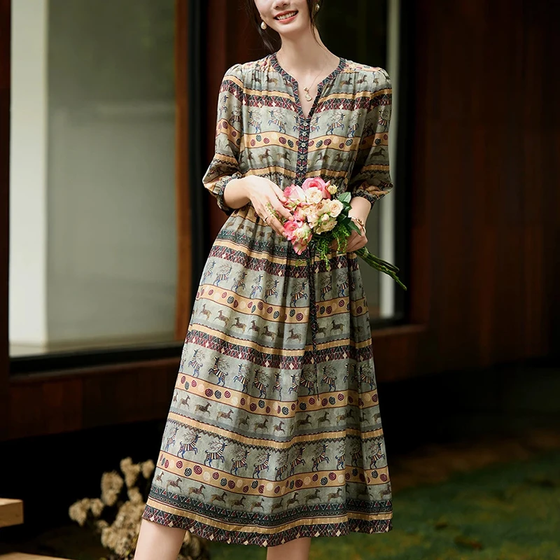 New Elegant Fashion Dresses for Women 100% Real Silk V-neck Women's Animal Print Dress A-line Holiday Style Woman Long Dress