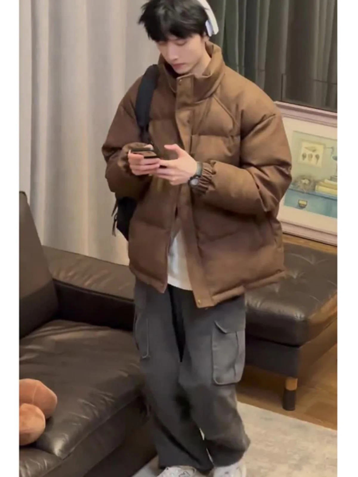 

Thiened Winter Cotton Jaet Men's PU Leather Stand Collar Warm Coat American Sle Cleanfit Casual Wear Polyester