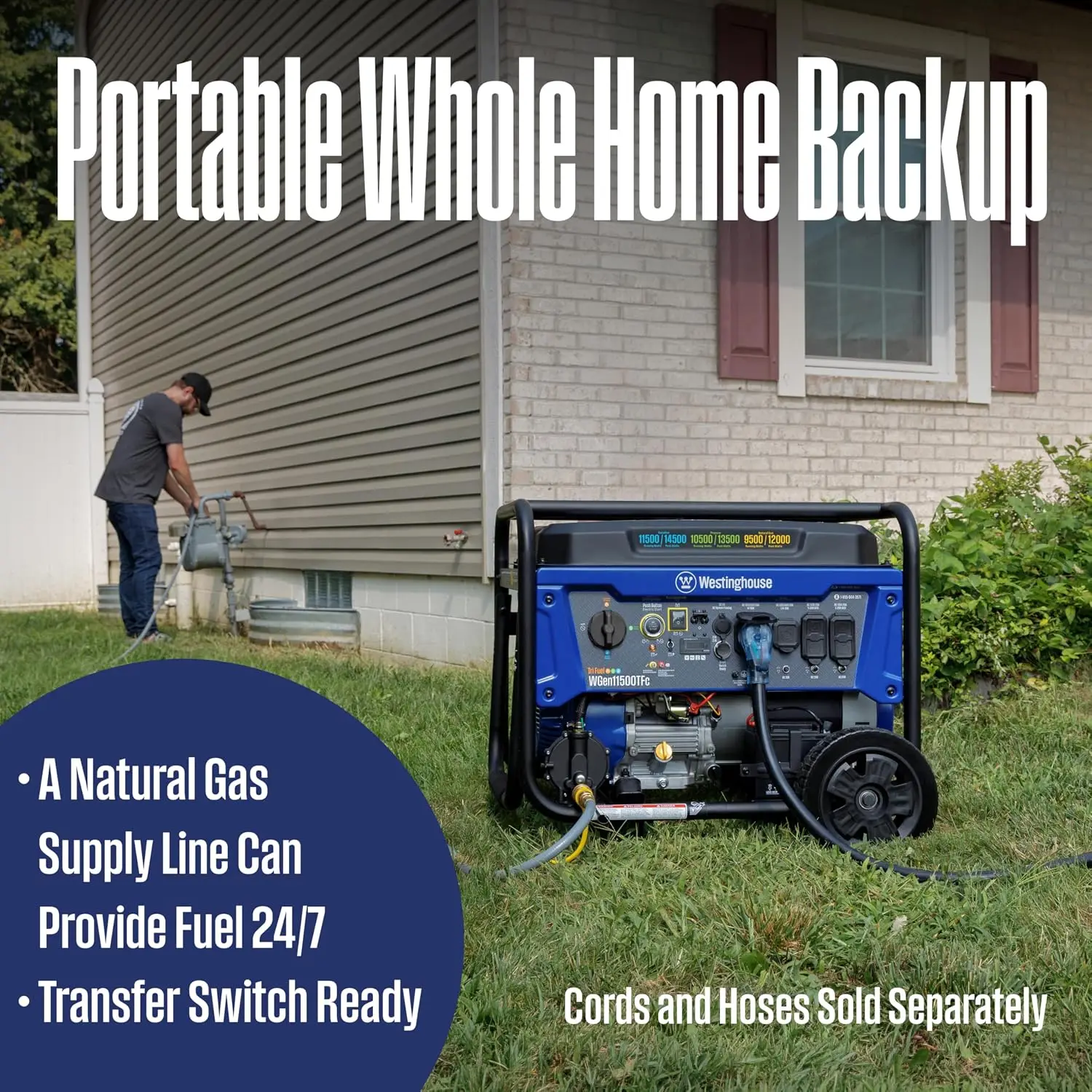 14500 Peak Watt Tri-Fuel Home Backup Portable Generator, Remote Electric Start, Transfer Switch Ready, Gas, Propane, and Natural