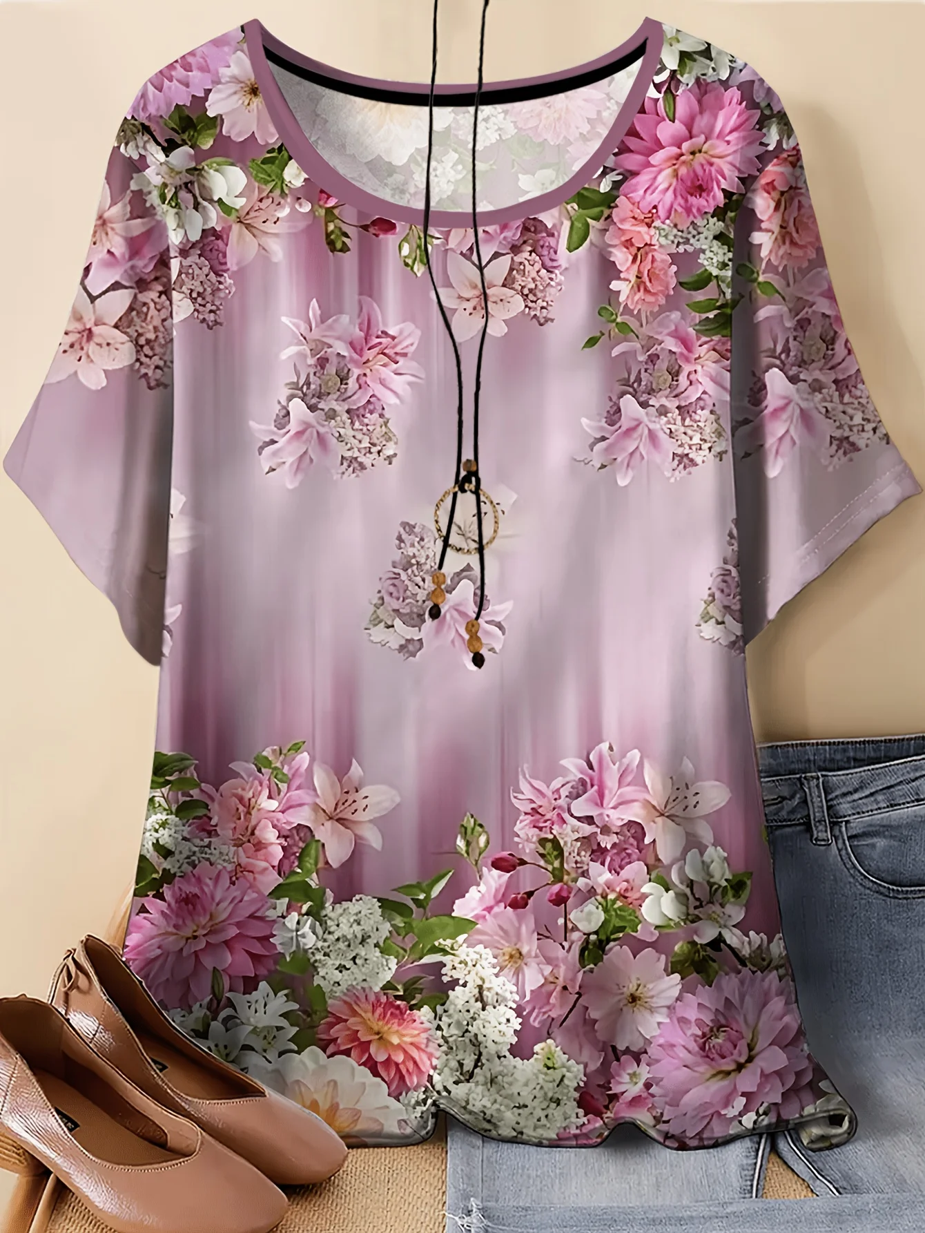 Women Round Neck Short Sleeve T‑shirt Pink Dahlia Mixed Blossom Floral Print Loose Fit Casual Daily Tee Top Women's Clothes