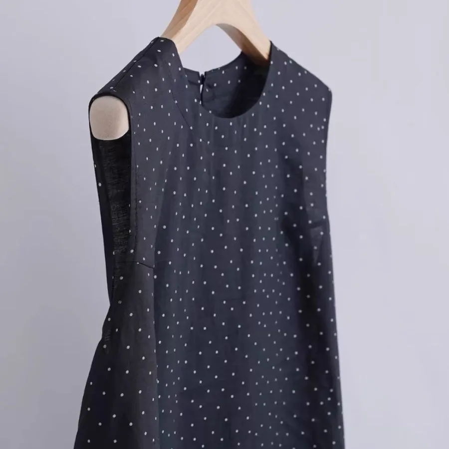 Vestido holgado sin mangas con cuello redondo, vestido de lino con lunares, moda informal de verano para mujer, vestidos de una pieza N725