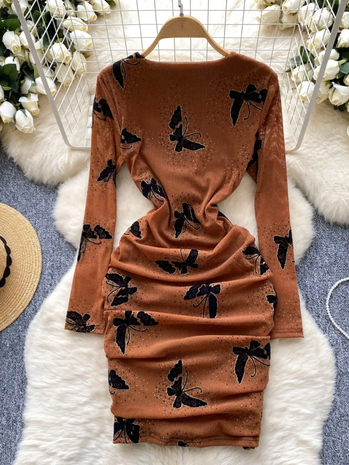 Foamlina Women's Daily Wear Slim Fit Long Sleeve Autumn Dress 2024 New Light Mature Wind Butterfly Print Bodycon Bottom Dress